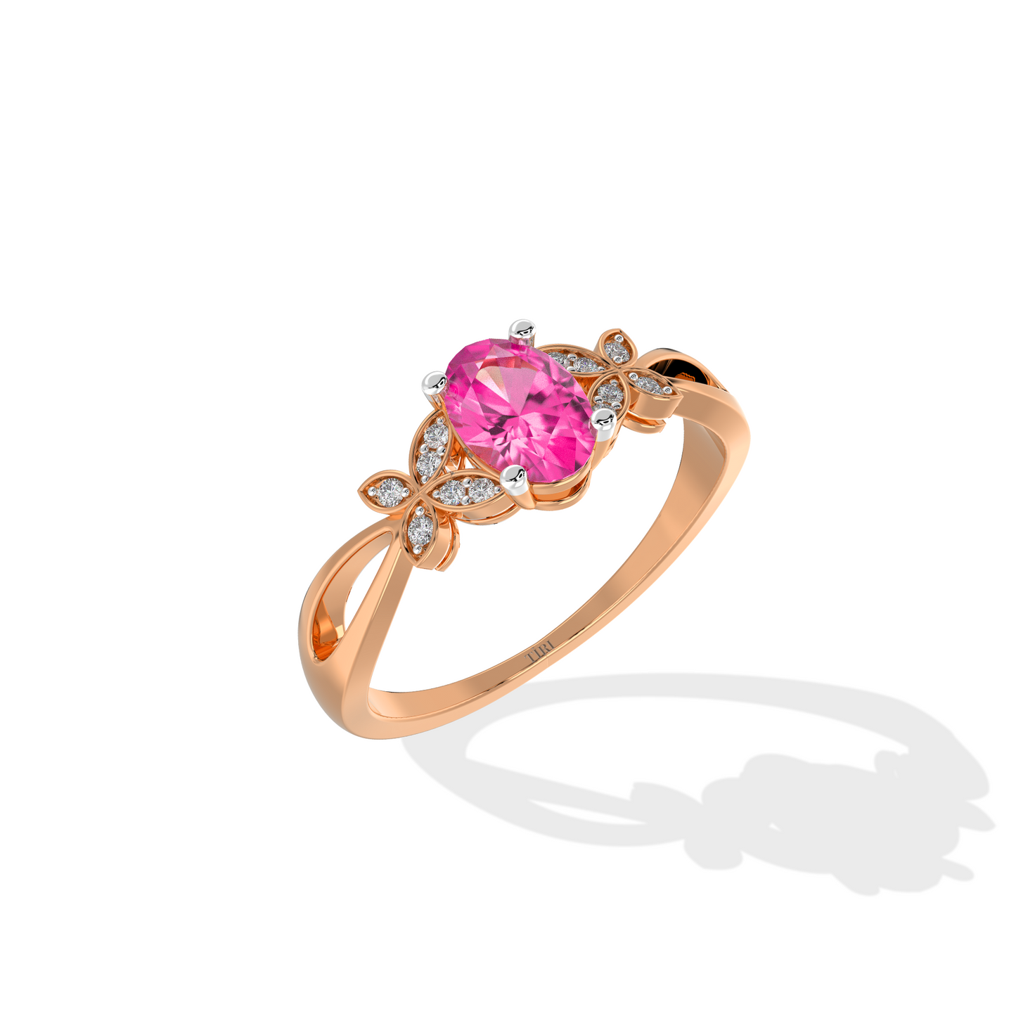Rose gold ring with a pink gemstone on a white background