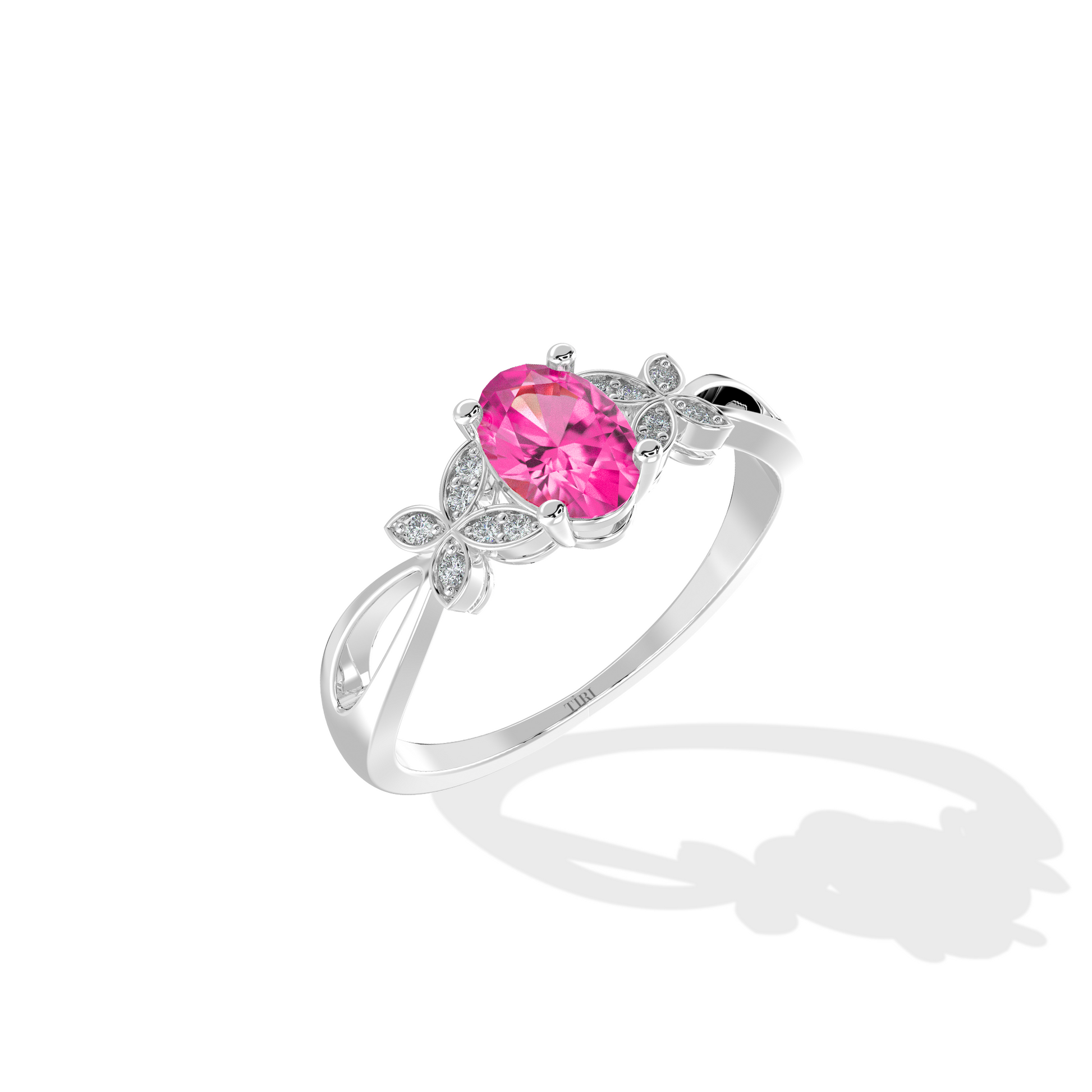 White gold ring with a pink gemstone on a white background