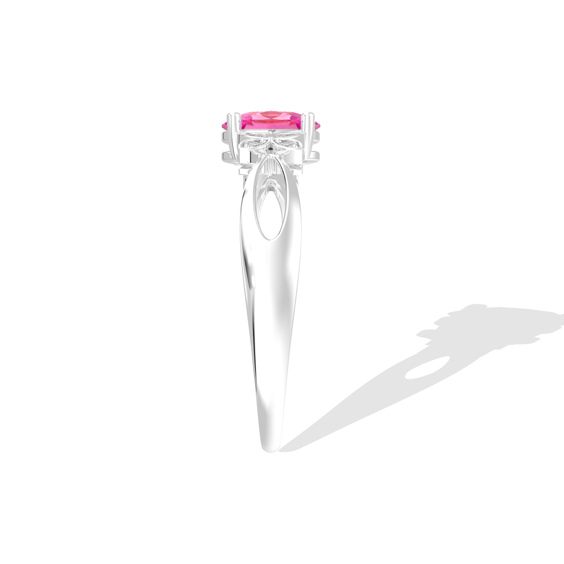 White gold ring with a pink gemstone on a white background