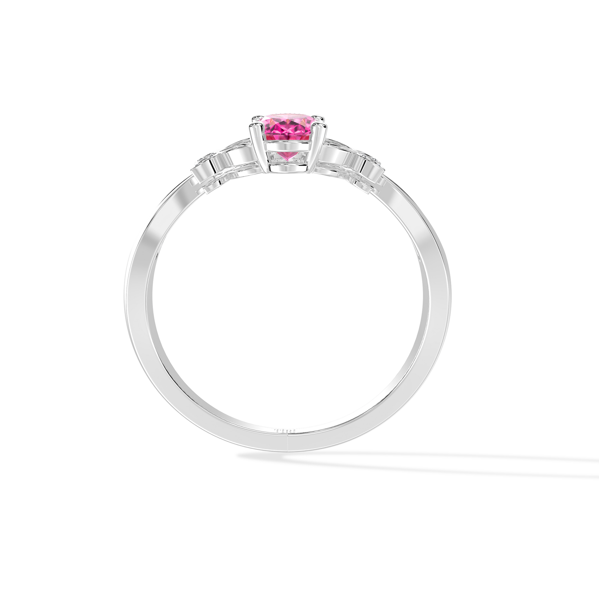 White gold ring with a pink gemstone on a white background