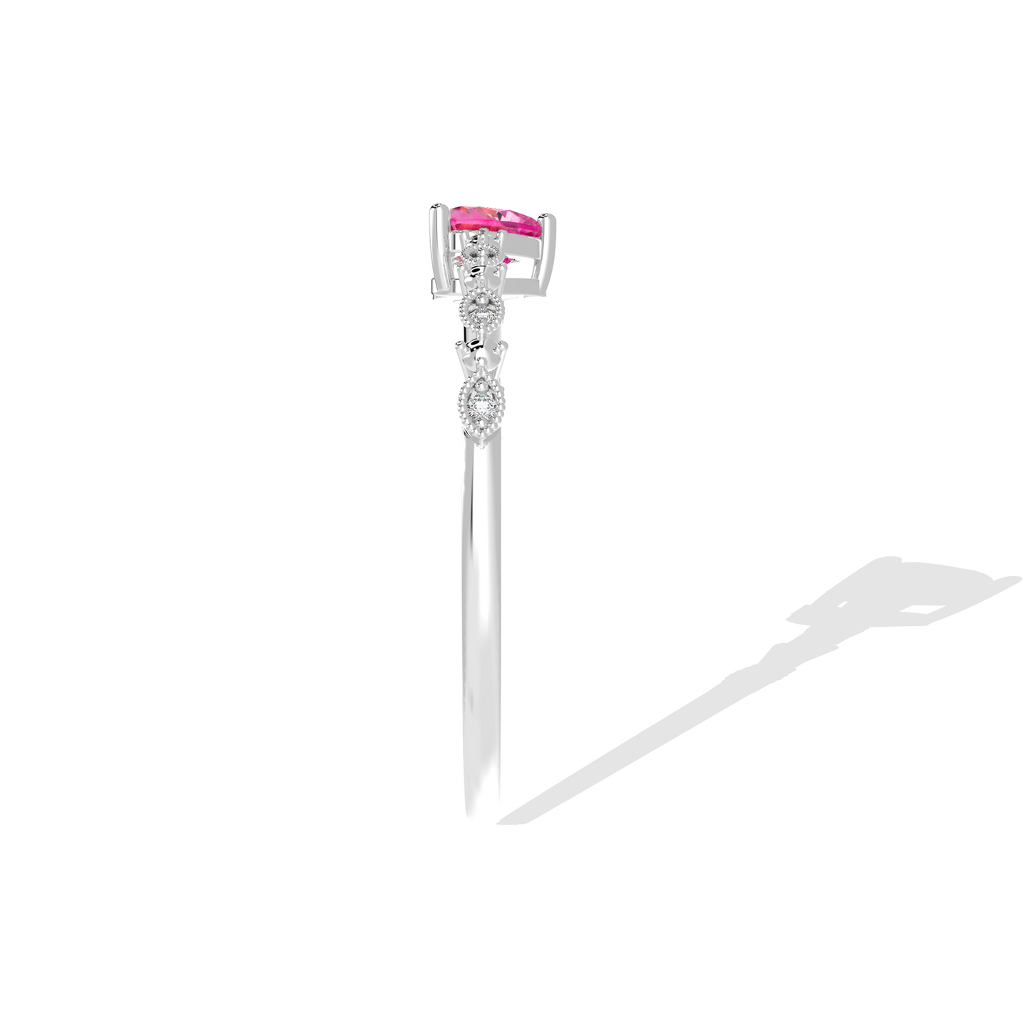 Silver ring with a pink heart-shaped gemstone on a white background