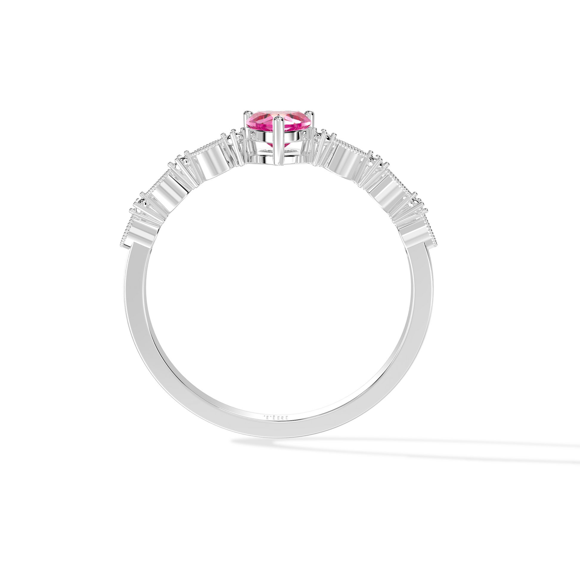 Silver ring with a pink heart-shaped gemstone on a white background