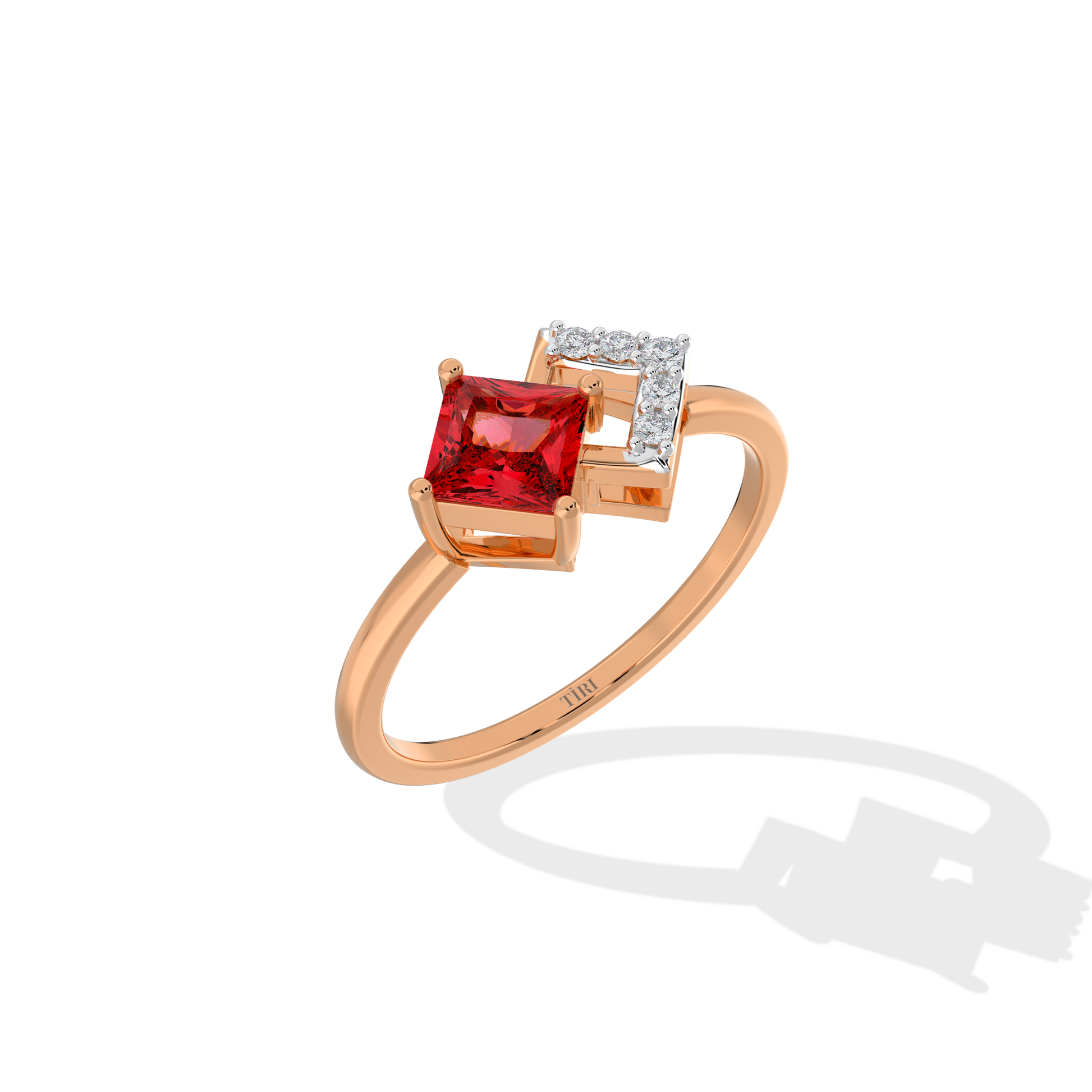 Elegant rose gold ring with princess-cut red gemstone and pave diamond geometric setting on white background