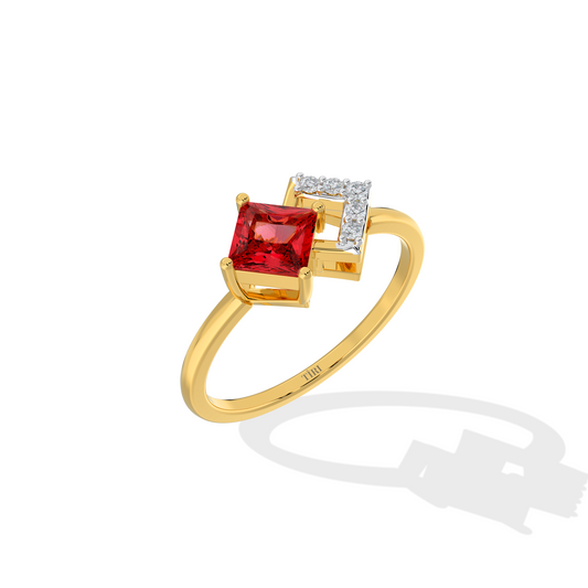 Elegant gold ring with princess-cut red gemstone and pave diamond geometric setting on white background