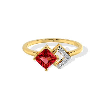 Elegant gold ring with princess-cut red gemstone and pave diamond geometric setting on white background