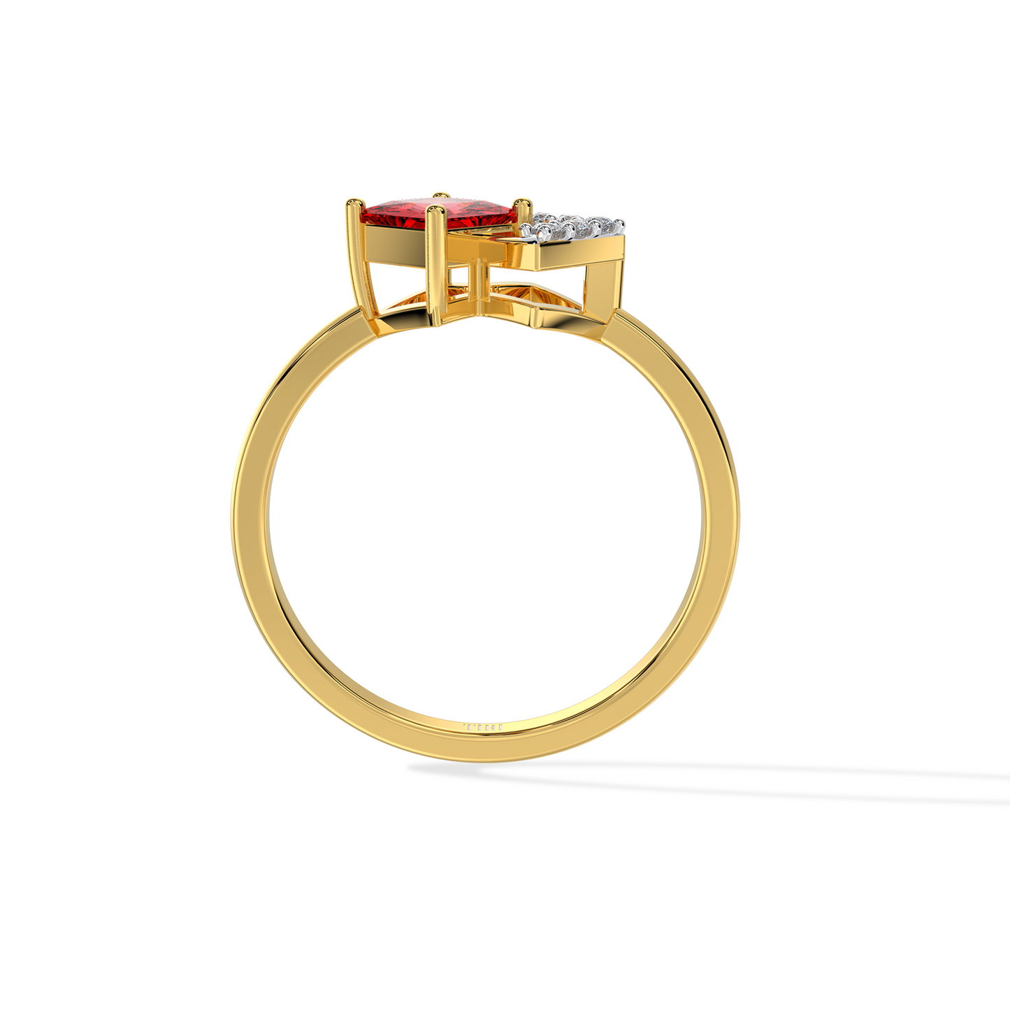 Elegant gold ring with princess-cut red gemstone and pave diamond geometric setting on white background