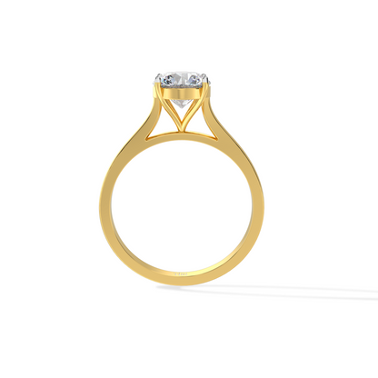 Round-cut solitaire diamond ring set in yellow gold.