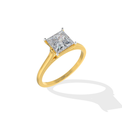 Princess-cut diamond solitaire engagement ring in yellow gold.