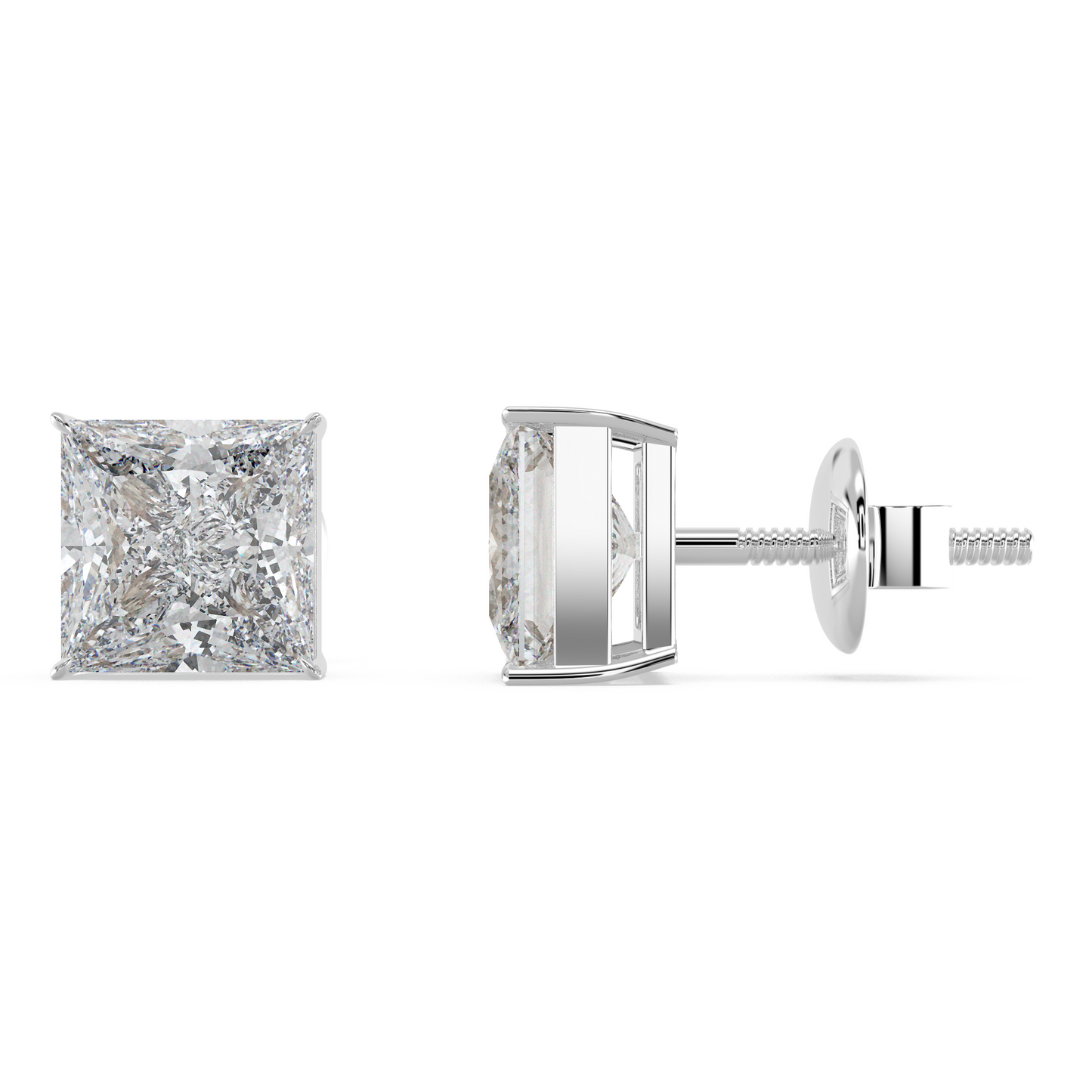 Tiri 1.00ct to 6.00ct classic princess diamond solitaire stud earring with sparkling center stone and secure setting.
