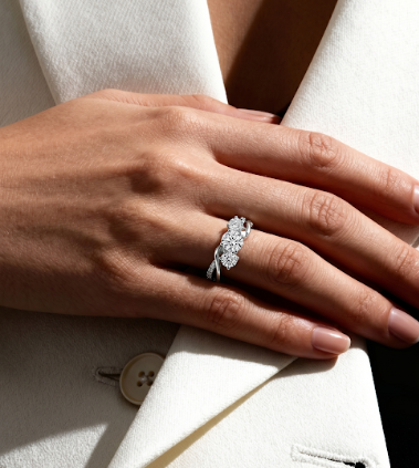 Close-up of Tiri 0.62 TW diamond ring showcasing sparkling diamonds and sleek silver band.