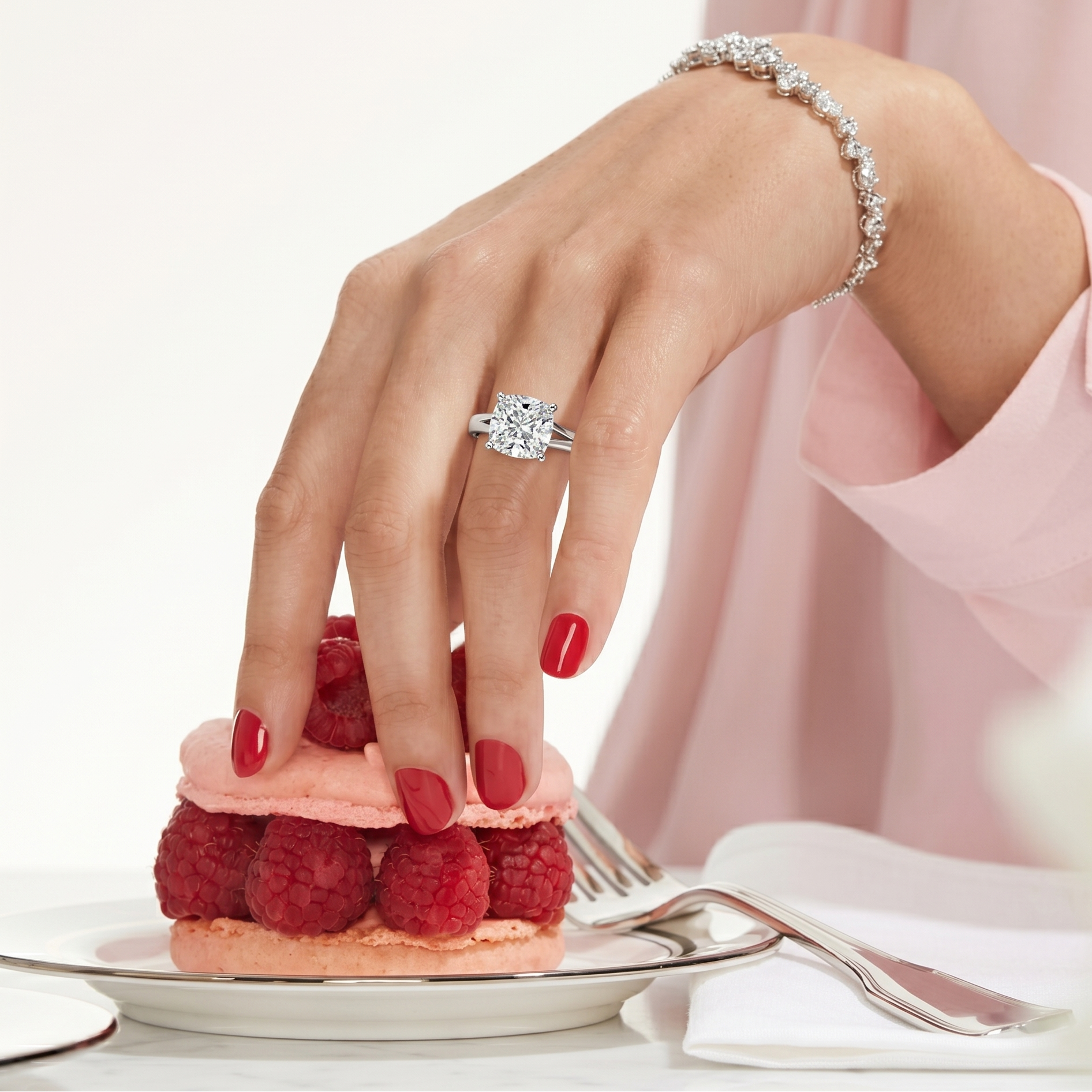 Hand with a diamond ring on a raspberry tart, wearing a pink dress.