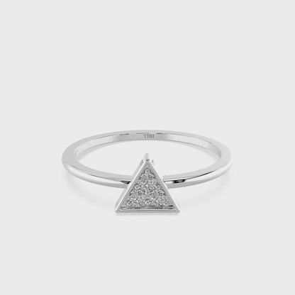 Silver ring with a triangular diamond-shaped center on a white background